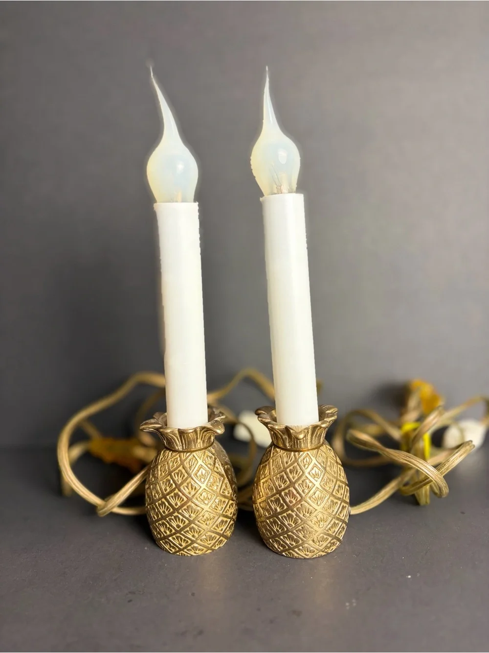 2 Vintage Brass Pineapple Night Light Candle Stick Lamp boudoir Decor 8